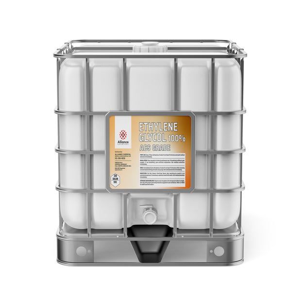Alliance Chemical 330-gallon tote of Ethylene Glycol ACS Grade with a steel cage and a white spigot.
