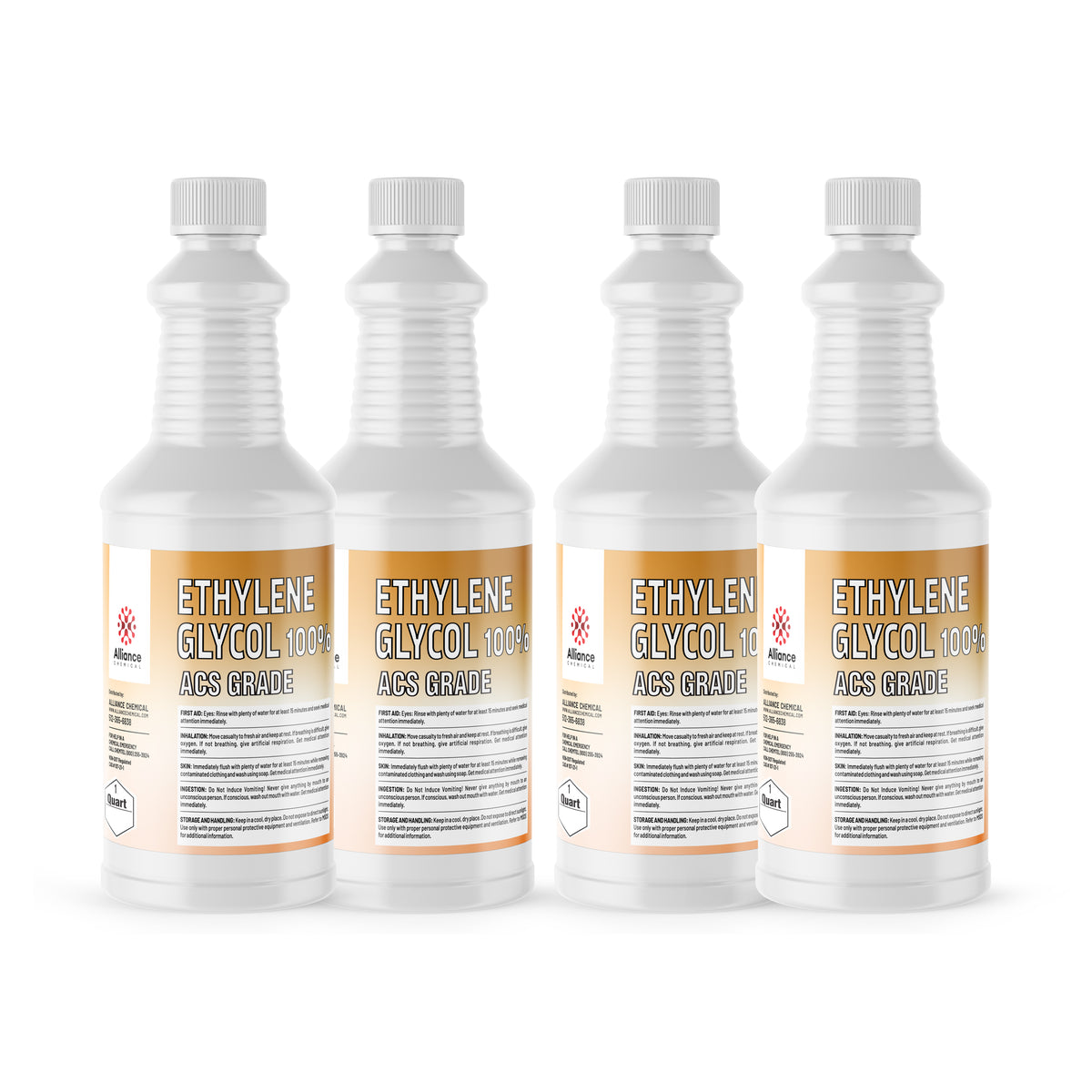 4x1 quart bottles of 100% Ethylene Glycol ACS Grade in HDPE containers with Alliance Chemical branding and lab-grade