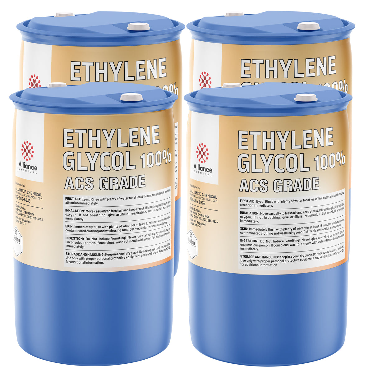 55-gallon blue drums of 100% Ethylene Glycol ACS Grade by Alliance Chemical white-blue lid seal