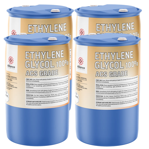 55-gallon blue drums of 100% Ethylene Glycol ACS Grade by Alliance Chemical white-blue lid seal