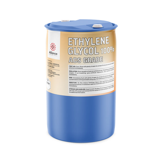 55-gallon blue drum of 100% ACS Grade Ethylene Glycol by Alliance Chemical first aid instructions, and hazard symbol label