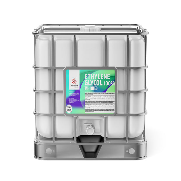Alliance Chemical 330-gallon tote of 100% Ethylene Glycol Inhibited with a steel cage and a white plastic cap.