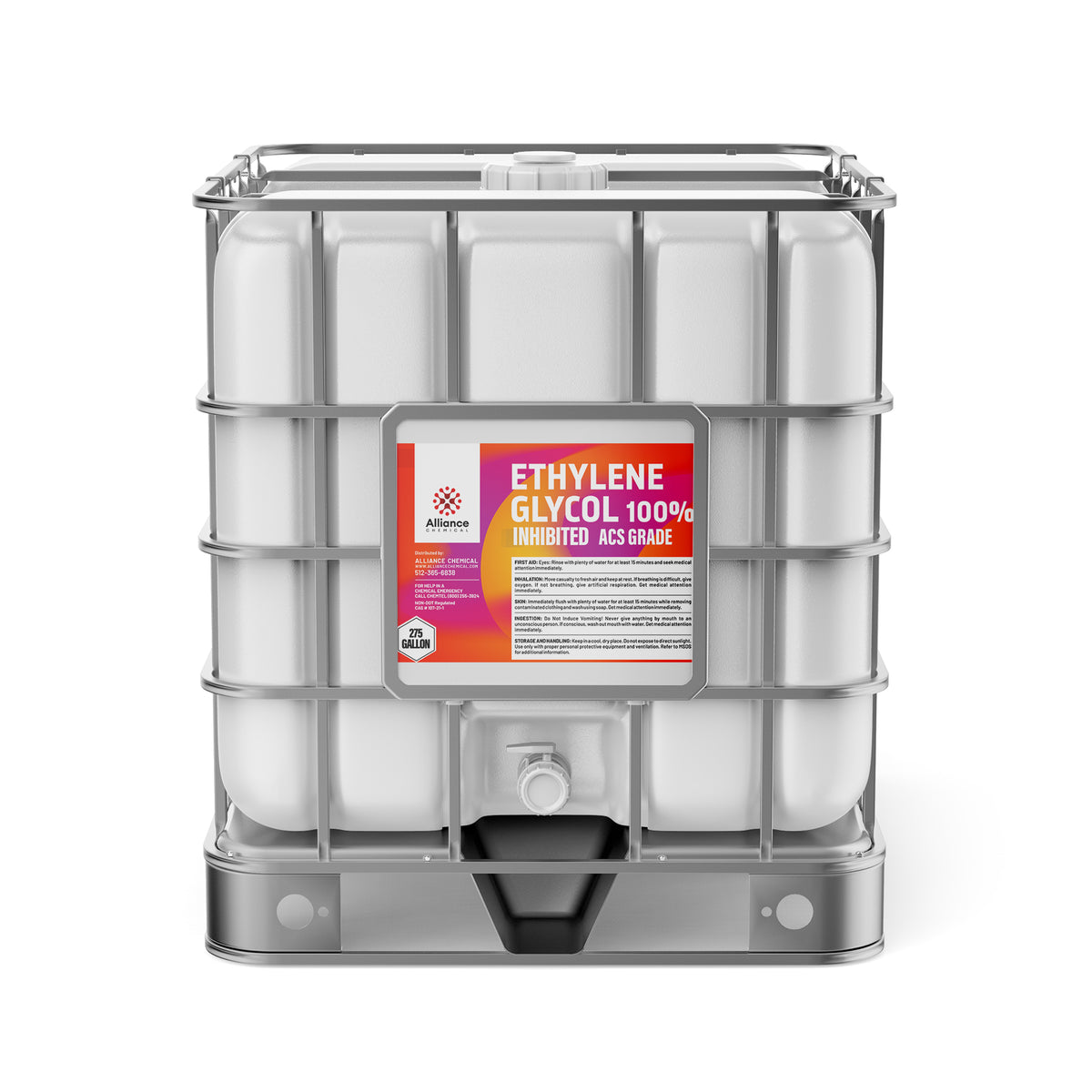 275-gallon IBC tote of Ethylene Glycol 100% Inhibited ACS Grade with Alliance Chemical branding, industrial safety labeling