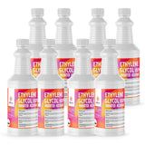 Seven 1-quart plastic bottles of Alliance Chemical Ethylene Glycol Inhibited ACS Grade with white caps and labels