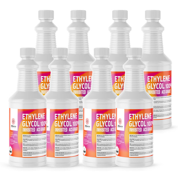 Seven 1-quart plastic bottles of Alliance Chemical Ethylene Glycol Inhibited ACS Grade with white caps and labels