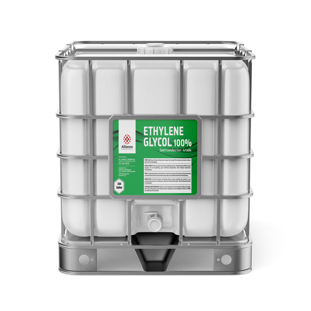 Alliance Chemical 330-gallon plastic tote of Ethylene Glycol Semiconductor Grade with steel cage and spigot.