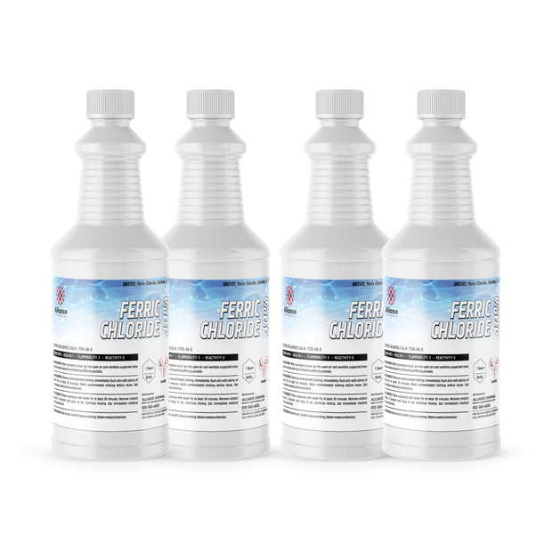 Four 1-quart Alliance Chemical Ferric Chloride 40% bottles with white screw caps and product labels.