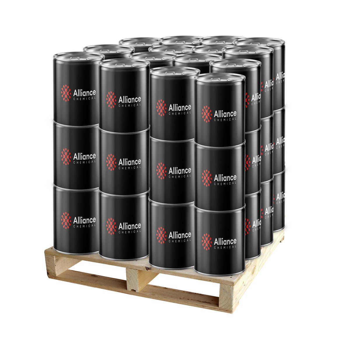 36x 5-gallon steel drums of perchloroethylene (PCE/PERC) by Alliance Chemical, stacked on pallet, black drums