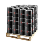 36x5-gallon metal drums of amyl-acetate solvent by Alliance Chemical, stacked on pallet, black drums