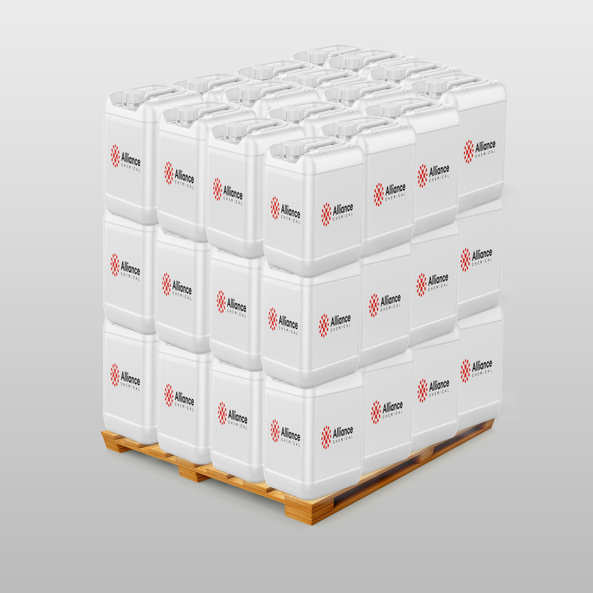 15 white 5-gallon pails of technical-grade ammonium hydroxide 29% stacked on pallet, Alliance Chemical branded containers
