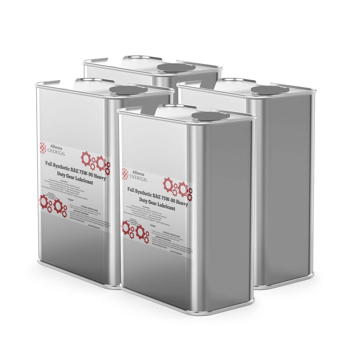Alliance Chemical full synthetic SAE 75W-90 heavy duty gear lubricant in four silver 1-gallon containers