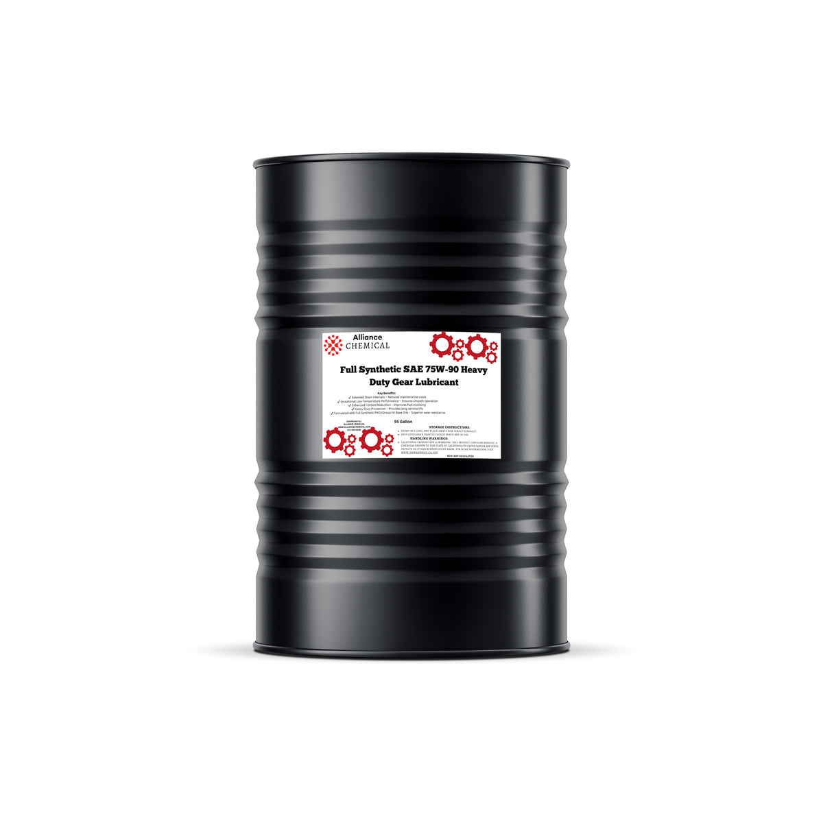Alliance Chemical full synthetic SAE 75W-90 heavy duty gear lubricant in black 55-gallon steel drum with label