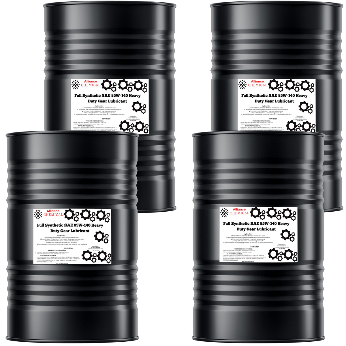 Alliance Chemical full synthetic SAE 85W-140 heavy duty gear lubricant in four black 55-gallon steel drums