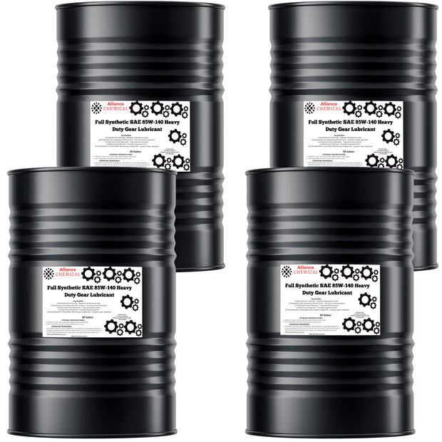 Alliance Chemical full synthetic SAE 85W-140 heavy duty gear lubricant in four black 55-gallon steel drums