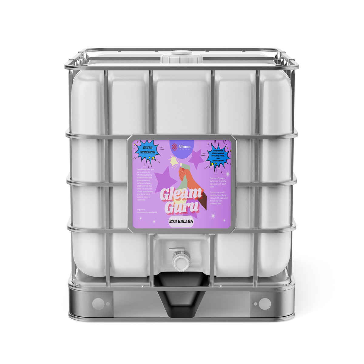 275-gallon plastic tote of Alliance Chemical Gleam Guru - Ammonia Cleaning Solution with a metal cage and label.
