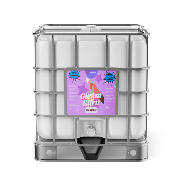 330-gallon Alliance Chemical Gleam Guru tote with a metal cage, white plastic container, and product label.
