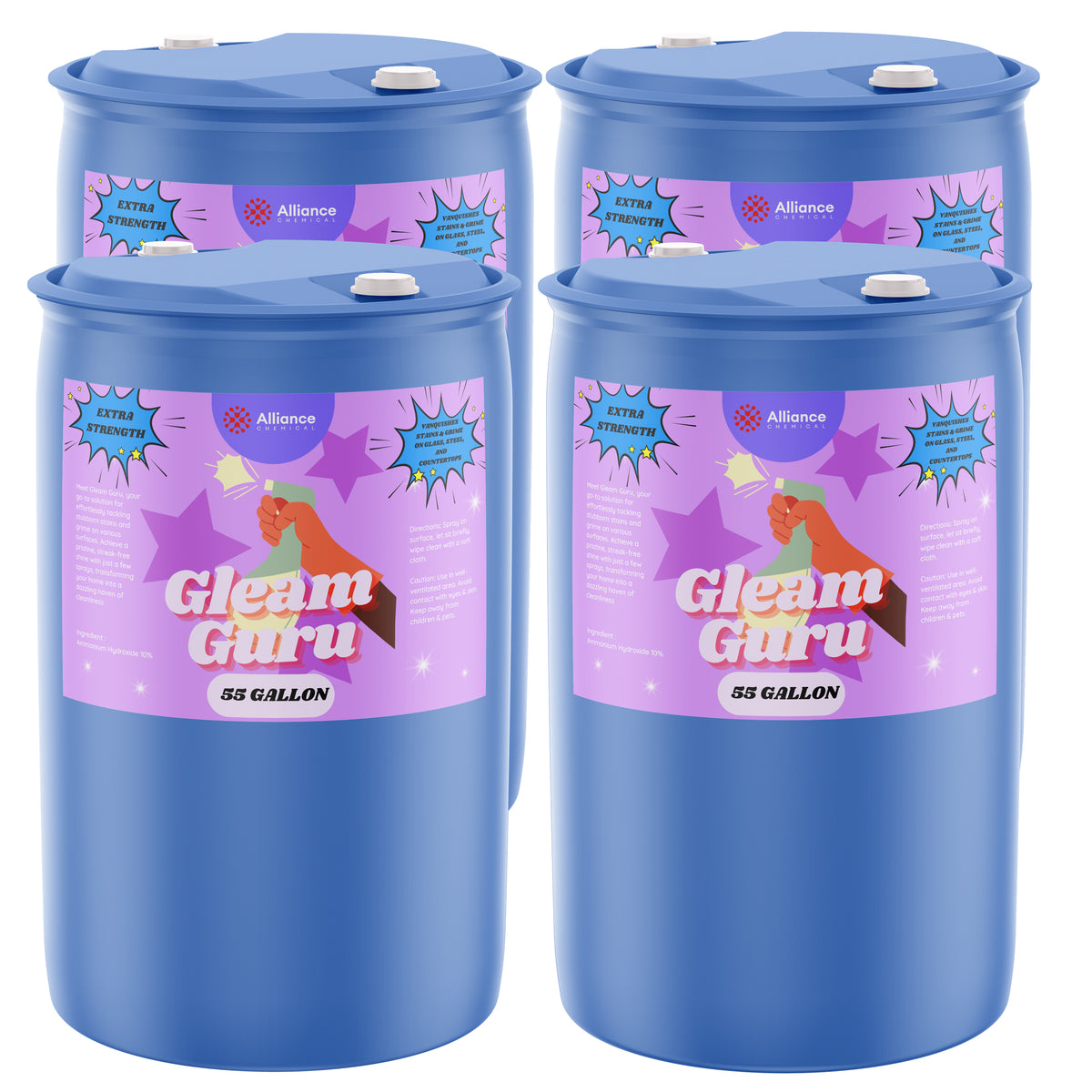 4x55-gallon HDPE drums of Gleam Guru extra-strength ammonia cleaning solution, Alliance Chemical brand