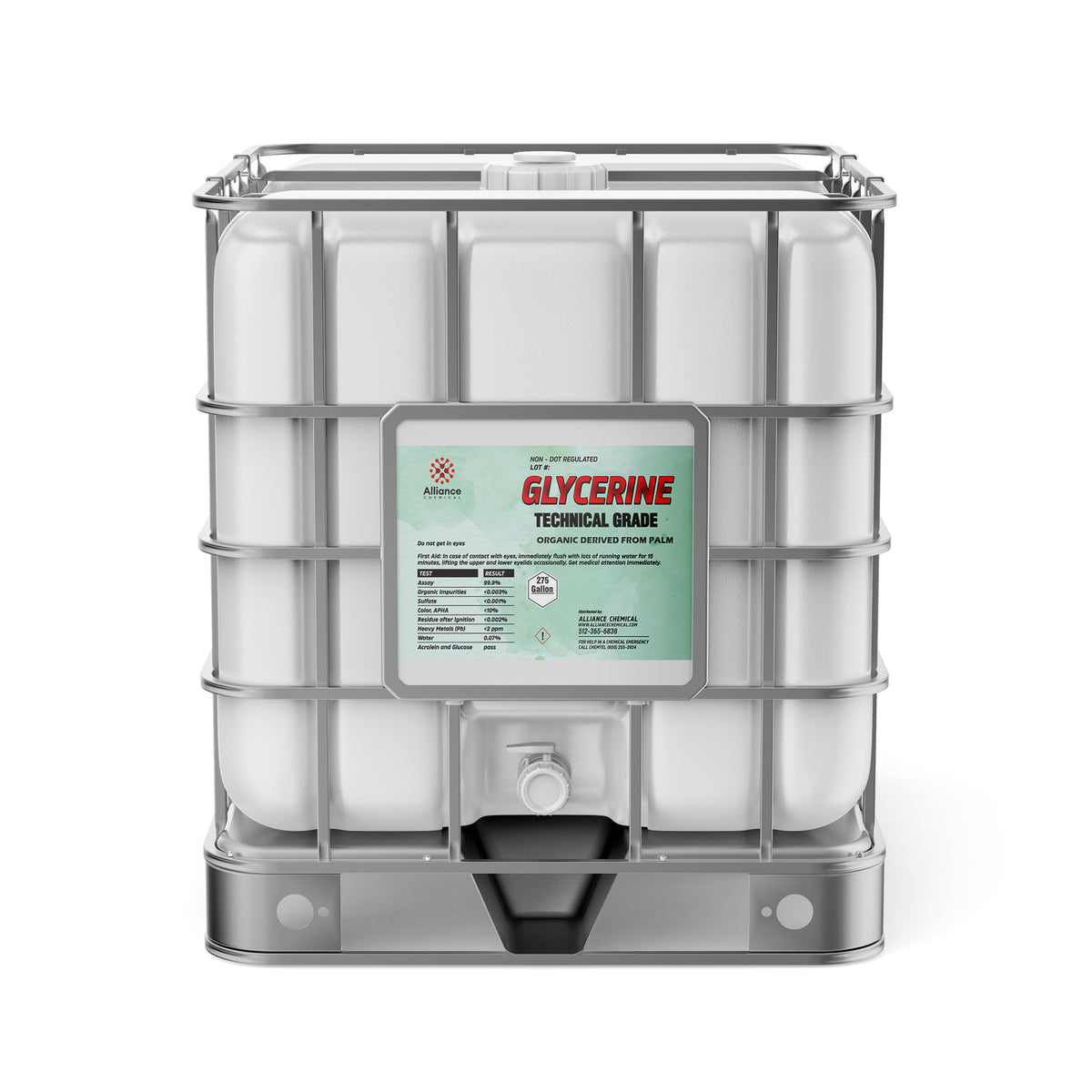 275-gallon IBC tote of technical-grade glycerine, palm-derived, and Alliance Chemical safety labeling system