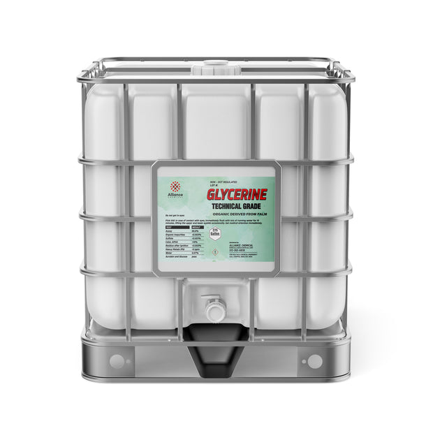 275-gallon IBC tote of technical-grade glycerine, palm-derived, and Alliance Chemical safety labeling system