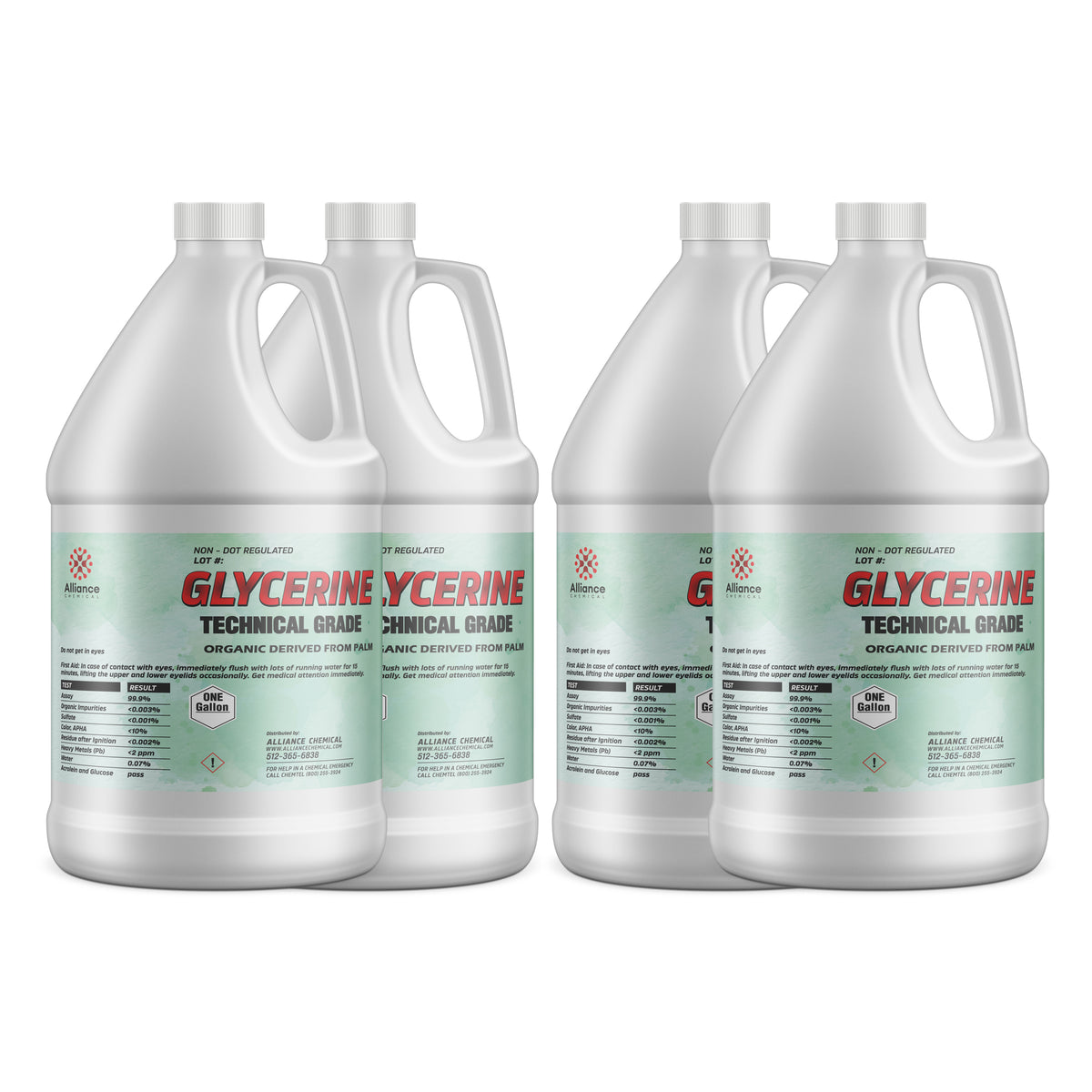 4x1-gallon Glycerine Technical Grade, organic palm-derived, in HDPE jugs Alliance Chemical, UN hazard, non-DOT regulated