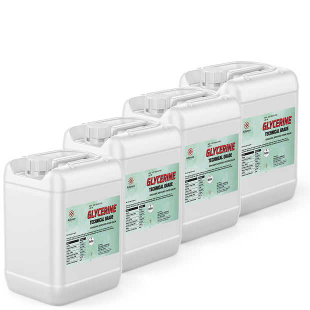 Four 5-gallon HDPE jugs of Alliance Chemical Glycerine Technical Grade with white caps and product label