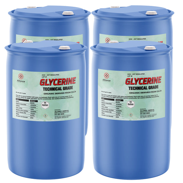 55-gallon blue drums of Technical Grade Glycerine, organic palm-derived, 99.5% purity, Alliance Chemical