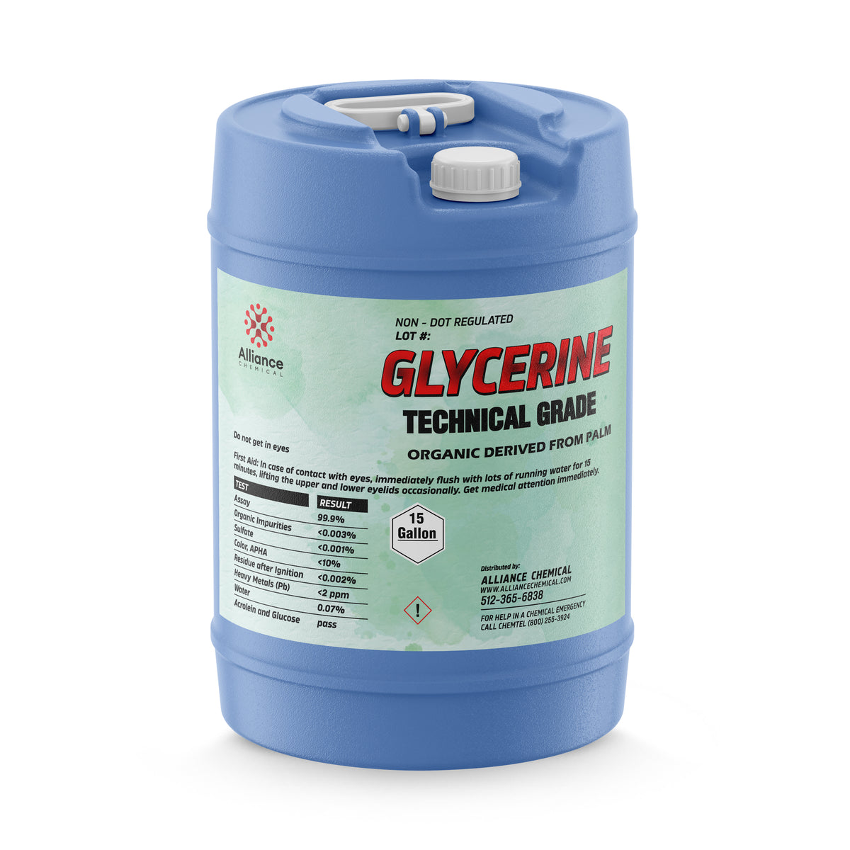 Alliance Chemical 15-gallon blue carboy of technical-grade glycerine, palm-derived, 99.9% purity