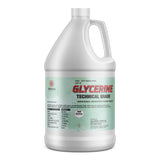 One-gallon HDPE jug of technical-grade glycerine (99.9% pure), palm-derived, with safety data panel, hazard diamond symbol