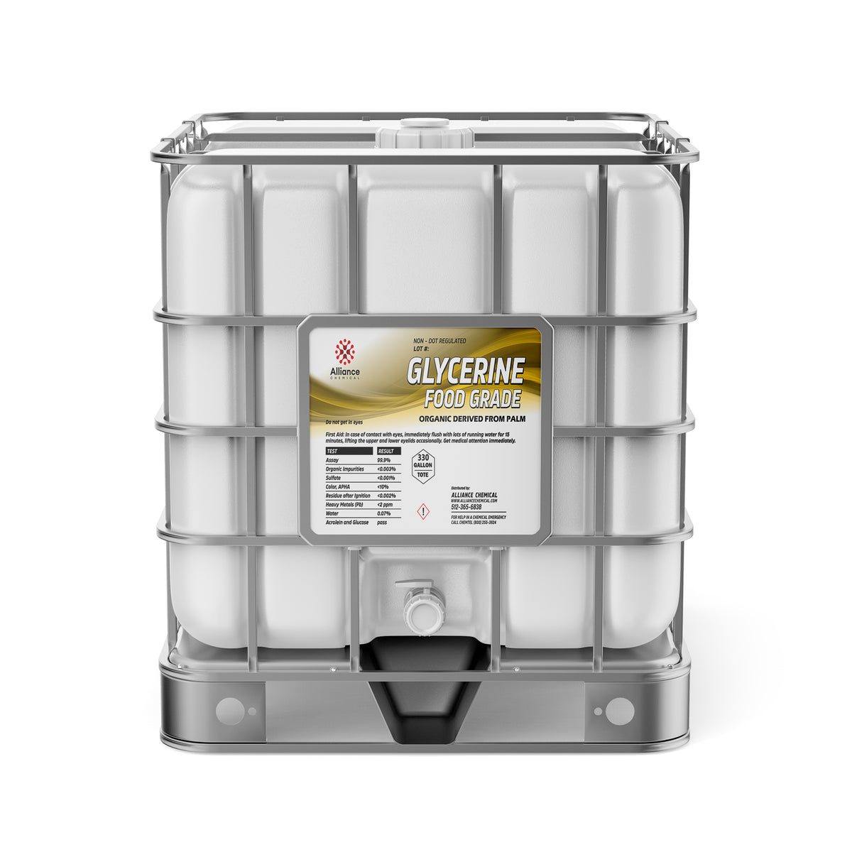 Alliance Chemical Glycerine USP Grade 330-gallon plastic tote with a steel cage and a spigot.