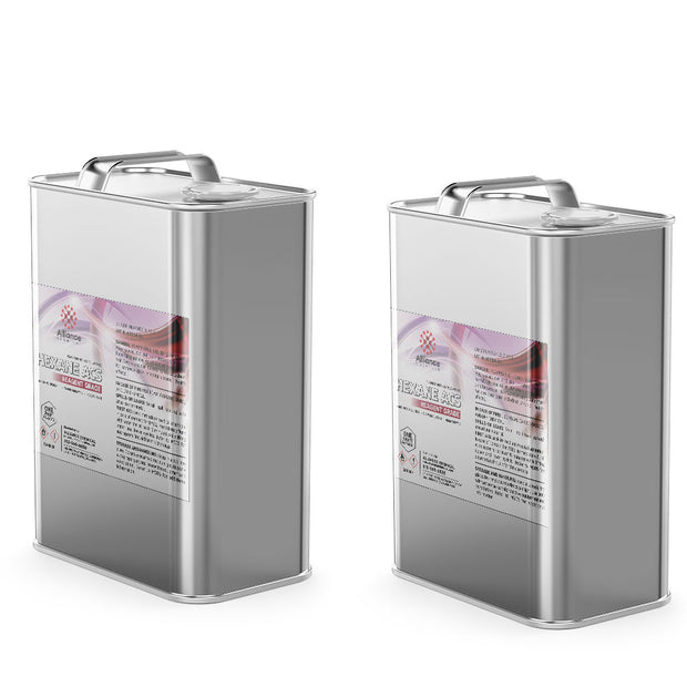 Two steel 5-gallon pails of Alliance Chemical Hexane ACS Reagent Grade with metal handles and product labels.