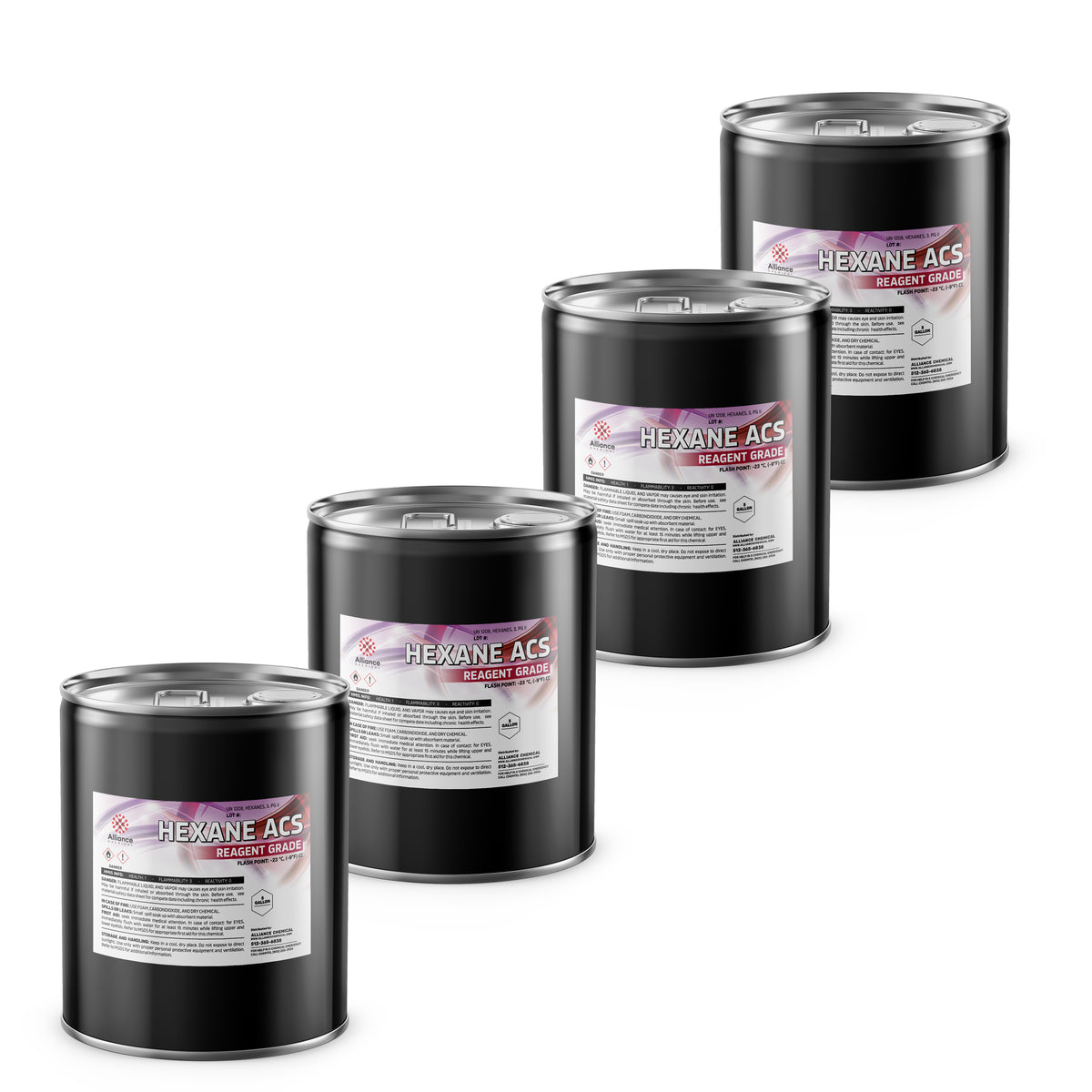 Alliance Chemical 4x5-gallon steel drums of Hexane ACS Reagent Grades, displaying GHS hazard labels on black containers