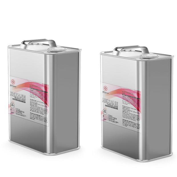 Alliance Chemical hexane technical grade in two stainless steel 5-gallon cans with labels