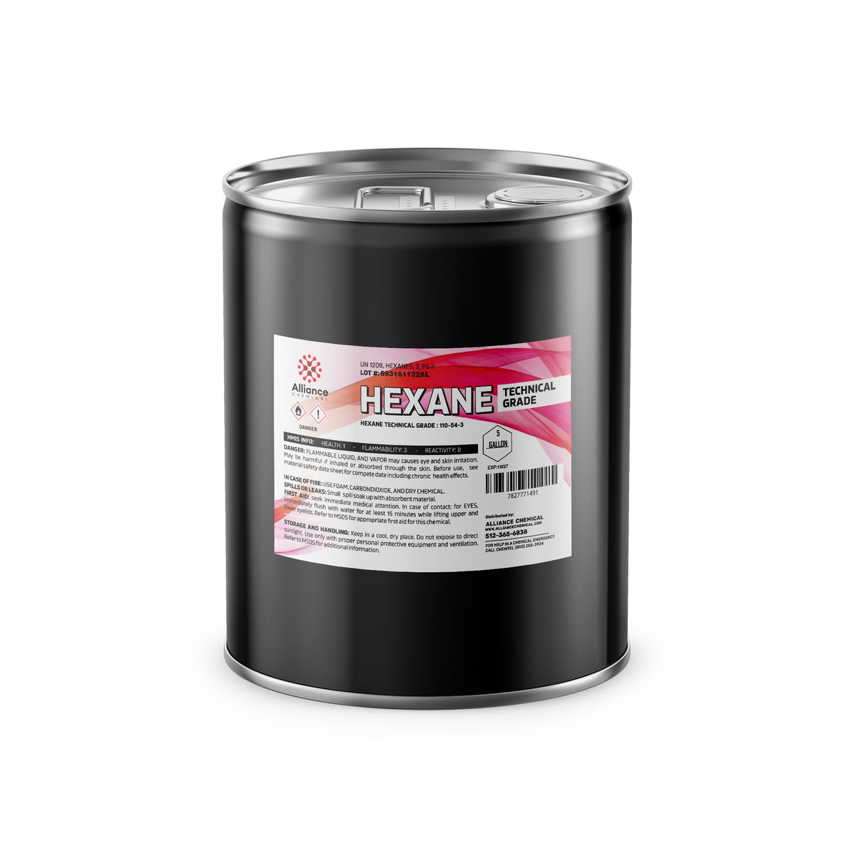 5-gallon black steel drum of technical-grade hexane solvent with flammability warnings, Alliance Chemical label, and sealed