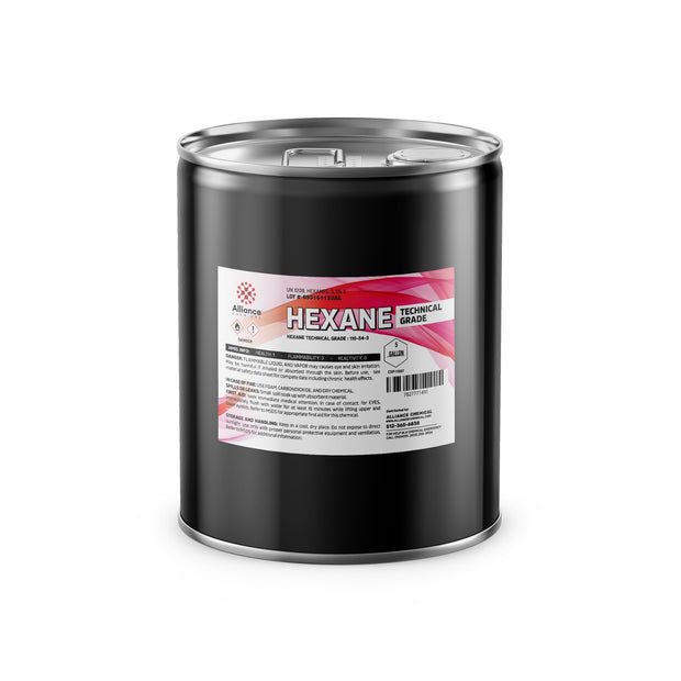 5-gallon black steel drum of technical-grade hexane solvent with flammability/reactivity warnings, Alliance Chemical brand
