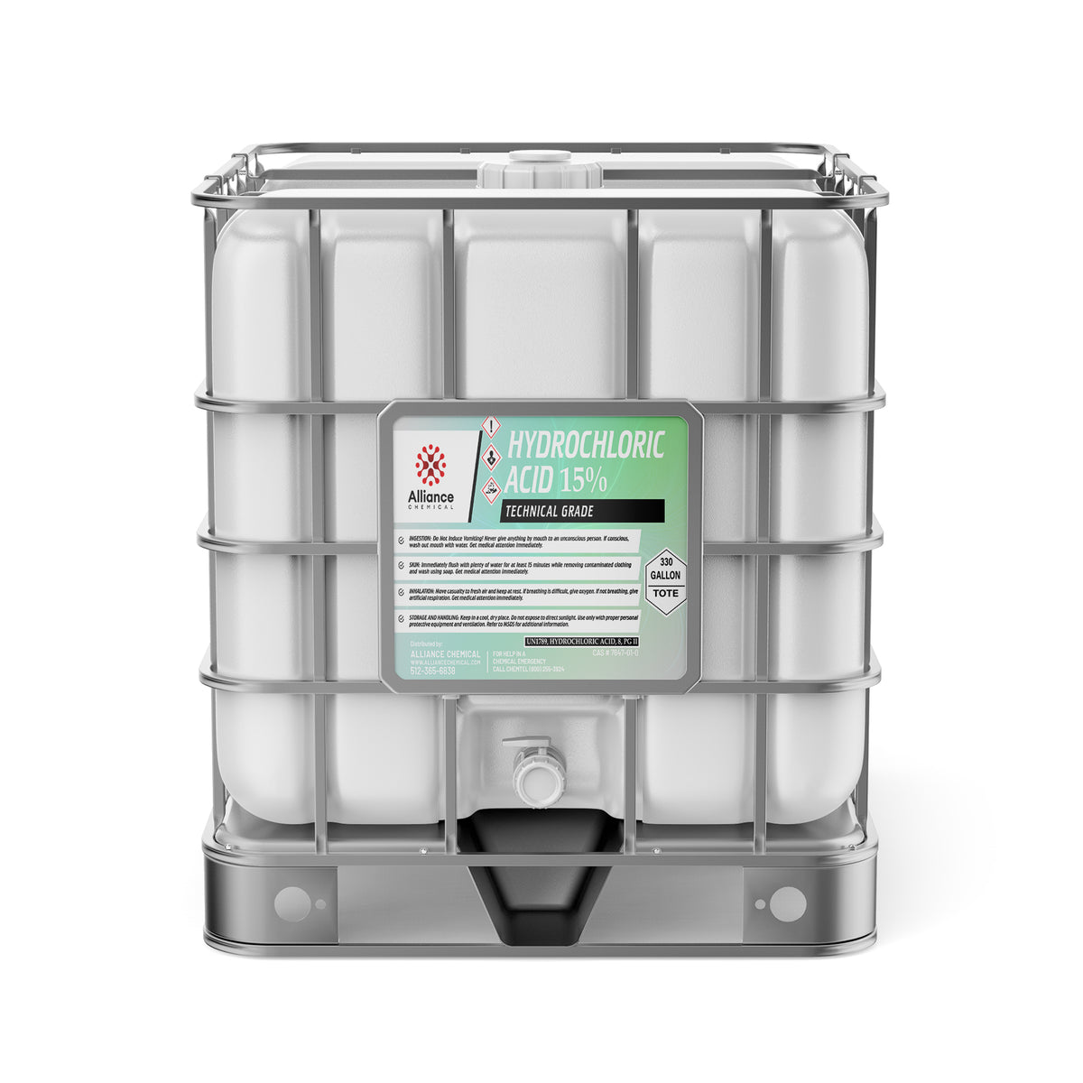One 330-gallon plastic tote of Alliance Chemical Hydrochloric Acid 15% Technical Grade with a steel cage and label.