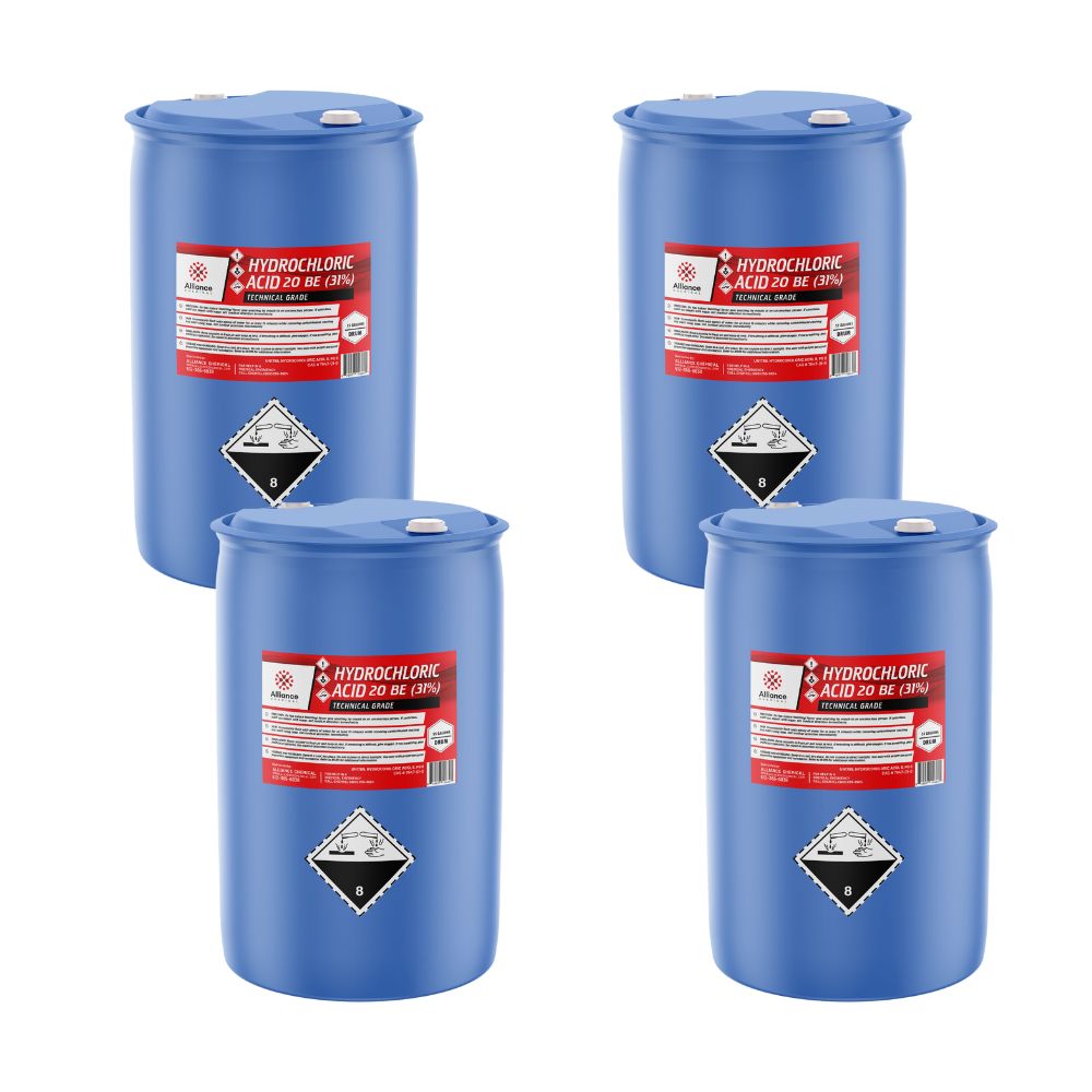 Four 55-gallon blue plastic drums of Alliance Chemical Hydrochloric Acid 31% Technical Grade with labels.