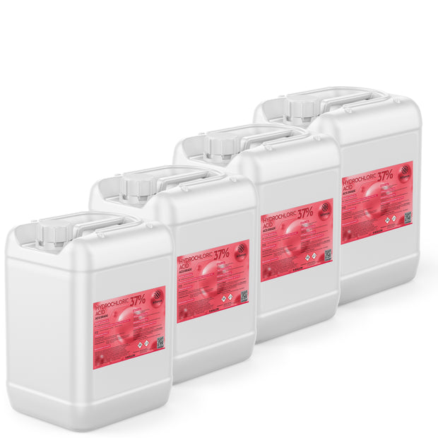 Four 5-gallon Alliance Chemical Hydrochloric Acid 37% ACS Reagent Grade HDPE jugs with white caps and red labels