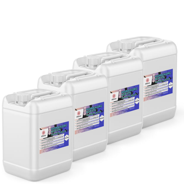 4x5-gallon HDPE containers of 37% Technical Grade Hydrochloric Acid (HCl), with blue-labeled Alliance Chemical safety