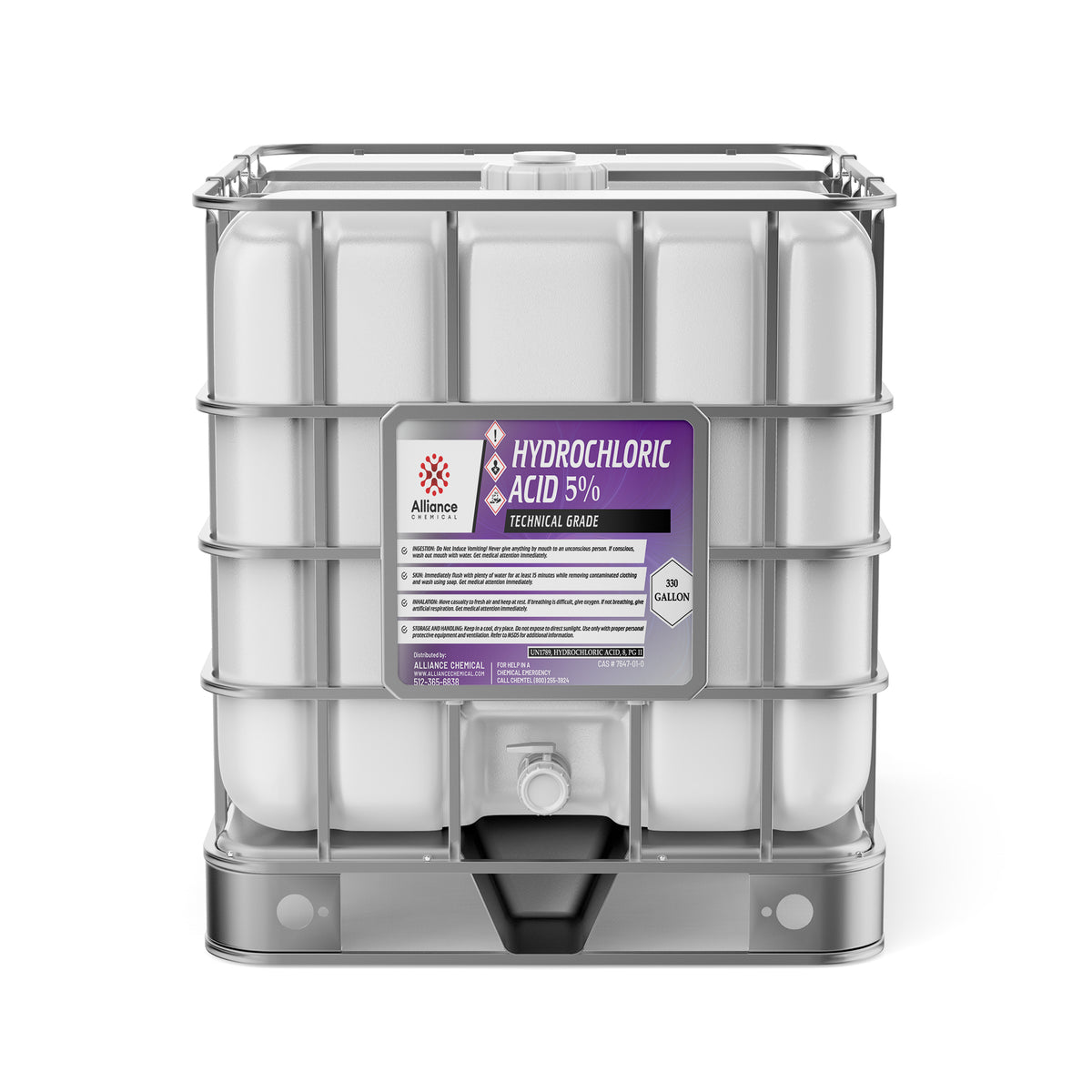 One 330-gallon HDPE tote of Alliance Chemical Hydrochloric Acid 5% Technical Grade with a white cap and metal cage.