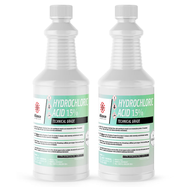 Alliance Chemical 2-quart bottles of Alliance 15% Technical Grade Hydrochloric Acid in HDPE containers