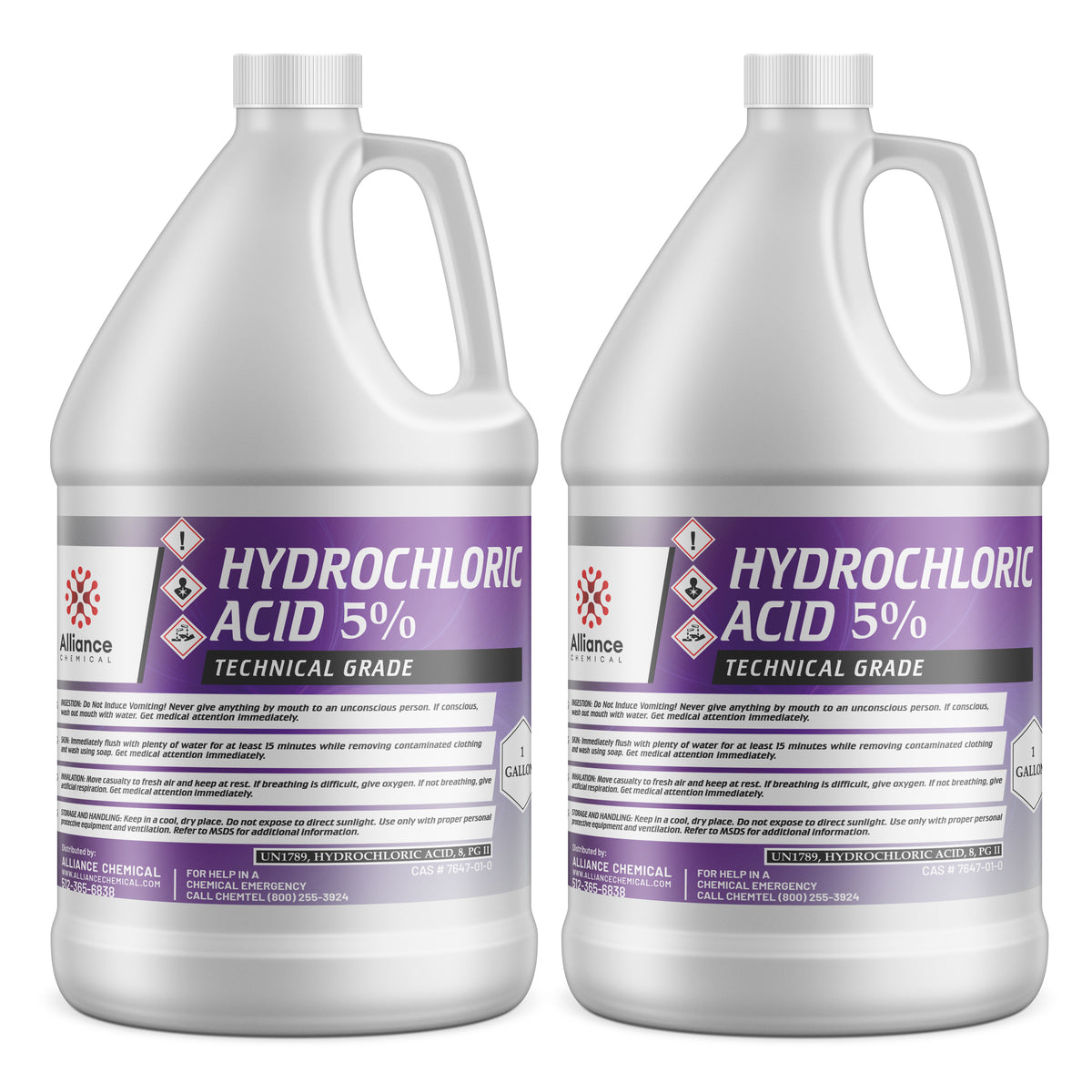 2-gallon Technical Grade 5% Hydrochloric Acid in HDPE jugs hazard diamonds, Alliance Chemical branding, and safety warnings