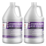 2-gallon Technical Grade 5% Hydrochloric Acid in HDPE jugs hazard diamonds, Alliance Chemical branding, and safety warnings