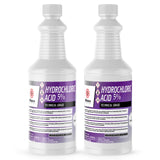Two 1-quart plastic bottles of Alliance Chemical Hydrochloric Acid 5% Technical Grade with white caps and product labels