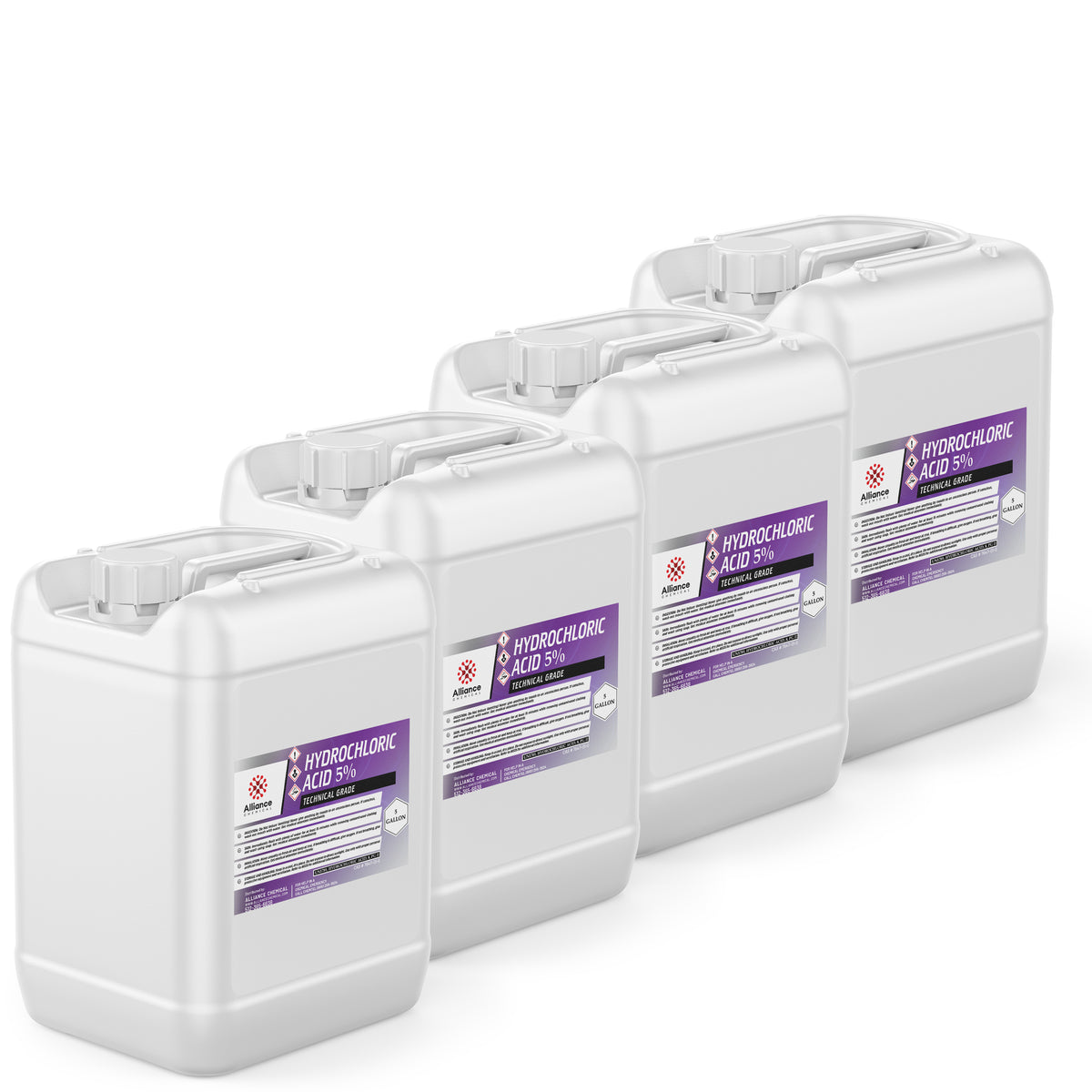 Four 5-gallon HDPE jugs of Alliance Chemical Hydrochloric Acid 5% Technical Grade with labels and integrated handles.