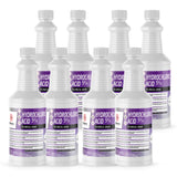 Seven 1-quart plastic bottles of Alliance Chemical Hydrochloric Acid 5% Technical Grade with white screw caps and labels.