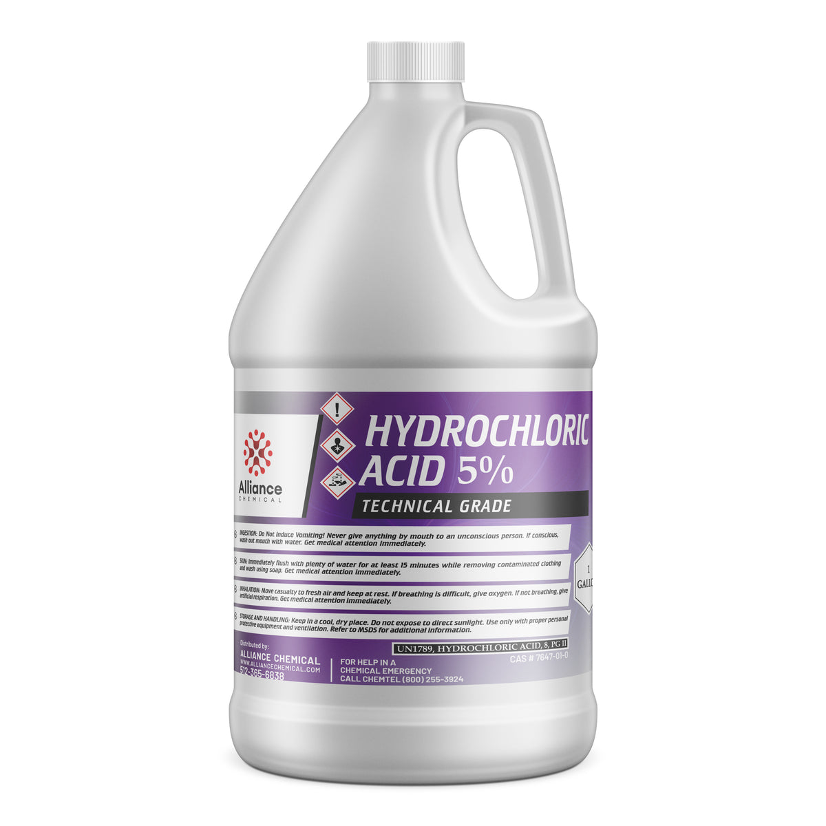 One-gallon HDPE jug of Alliance Chemical 5% Hydrochloric Acid Technical Grade with corrosive/toxic and safety instructions