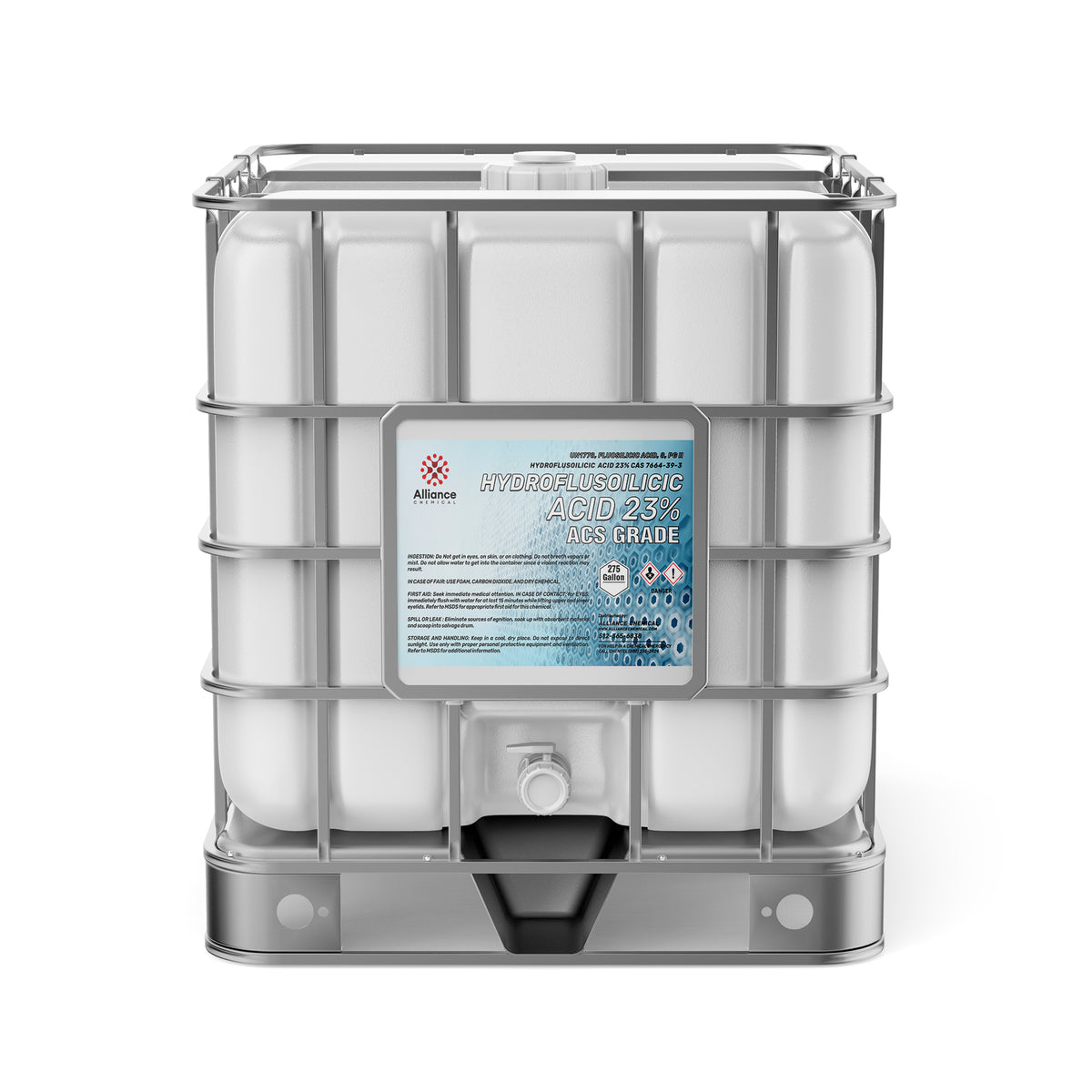 Alliance Chemical 275-gallon tote of Hydrofluorosilicic Acid 23% ACS Grade with steel cage and label.