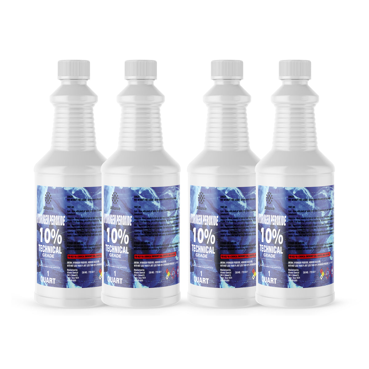 Four 1-quart HDPE jugs of Alliance Chemical Hydrogen Peroxide 10% Technical Grade with white caps and product labels