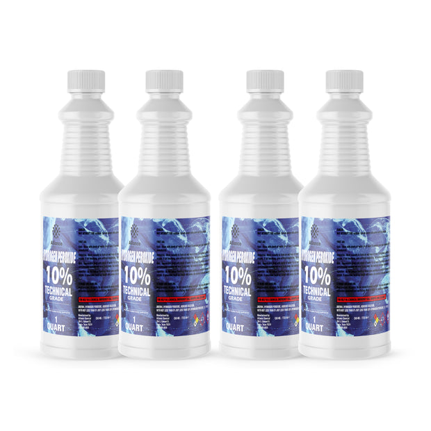 Four 1-quart HDPE jugs of Alliance Chemical Hydrogen Peroxide 10% Technical Grade with white caps and product labels