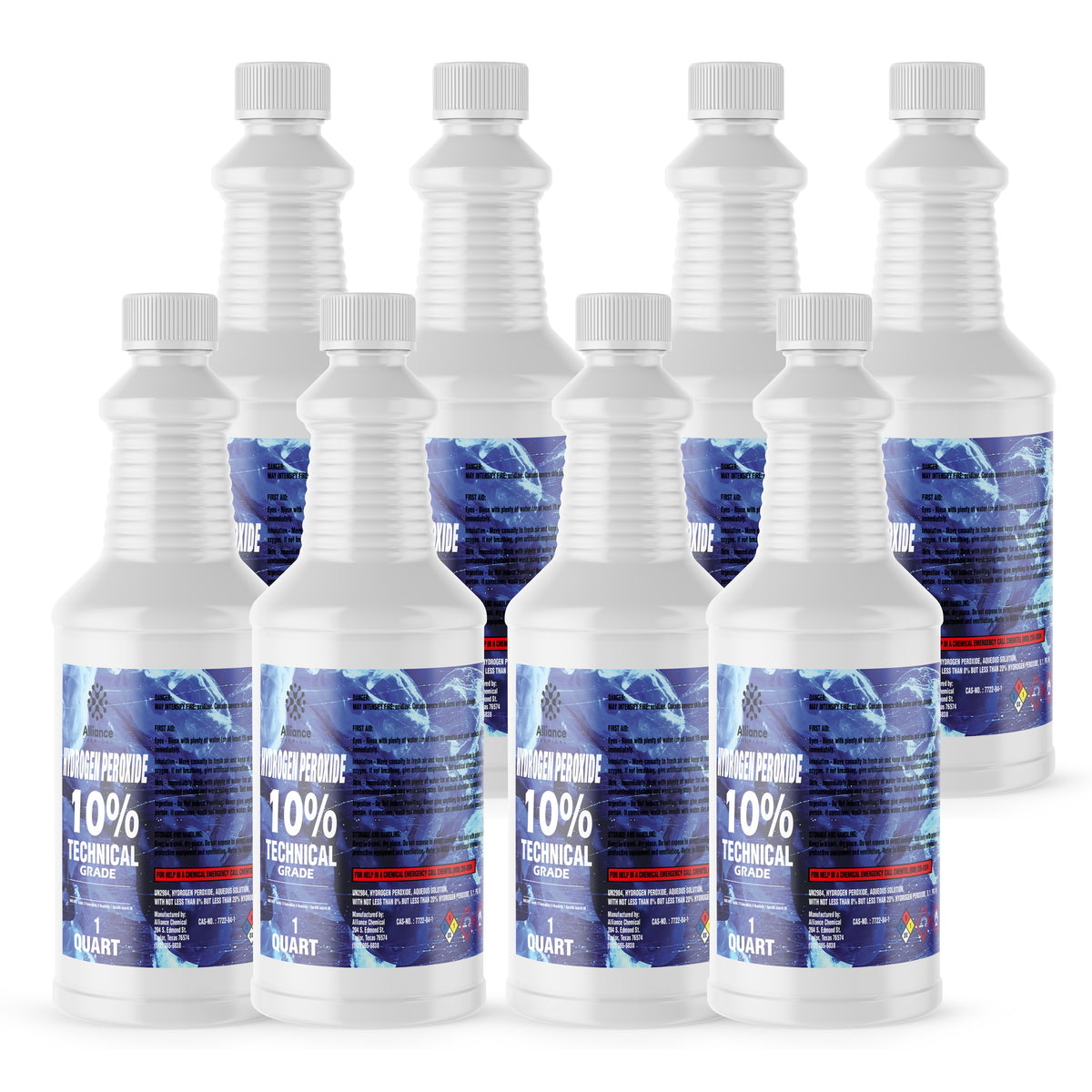 Eight 1-quart HDPE jugs of Alliance Chemical Hydrogen Peroxide 10% Technical Grade with white screw caps and product labels
